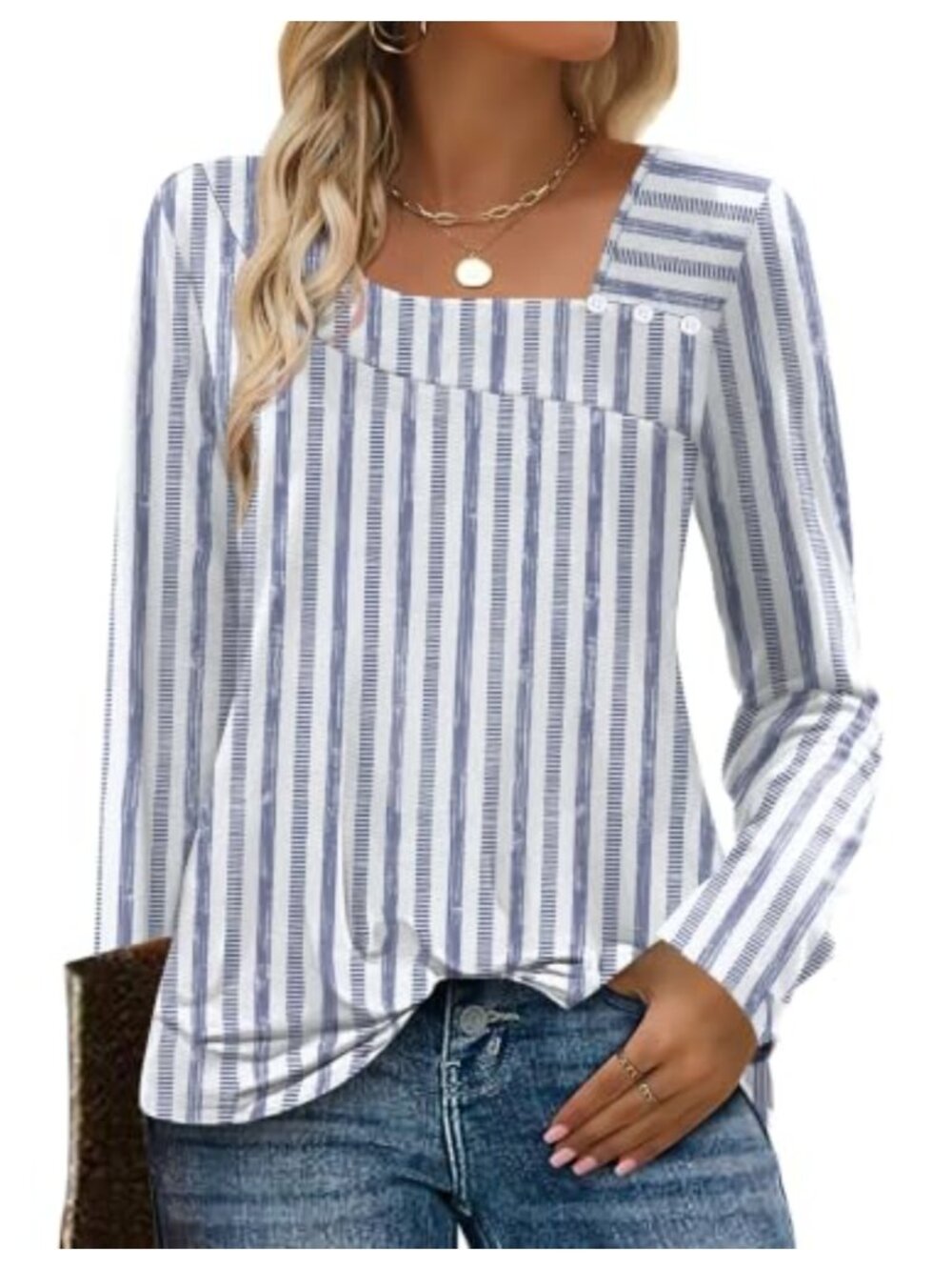 Long Sleeve Square Neck Tunic Top Decorative Buttons Dressy Casual Women